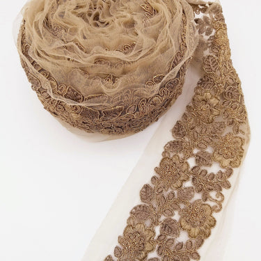 Grey Net Fabric Lace Trim with Floral Embroidery, Lace Trim, Sari Border